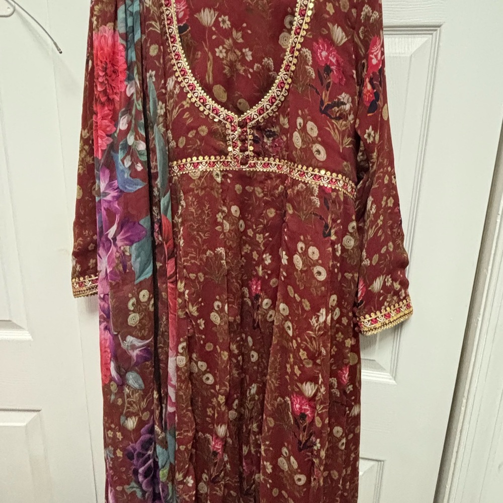 Floral Embroidered Maroon Maxi Dress with Scarf